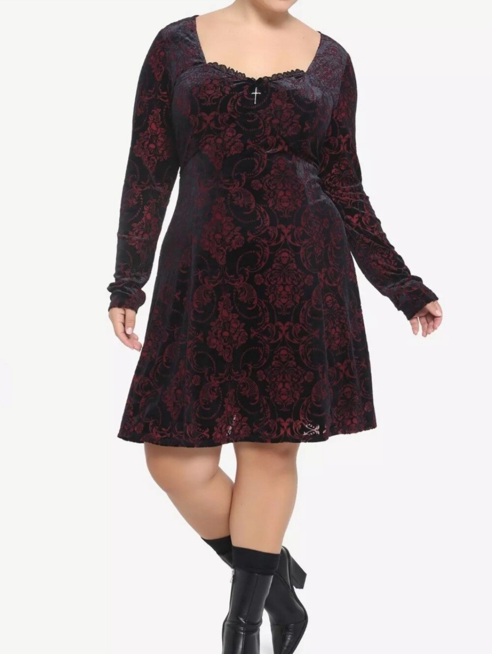 Cosmic Aura Women's Maroon Black Velvet Damask Long-Sleeve Dress Skulls Size 5X.